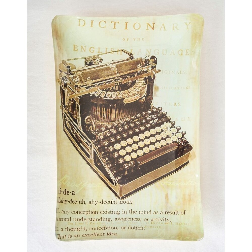 POTTERY BARN Decoupage Tray Typewriter Idea Rectangular Glass Gold Trinket Dish